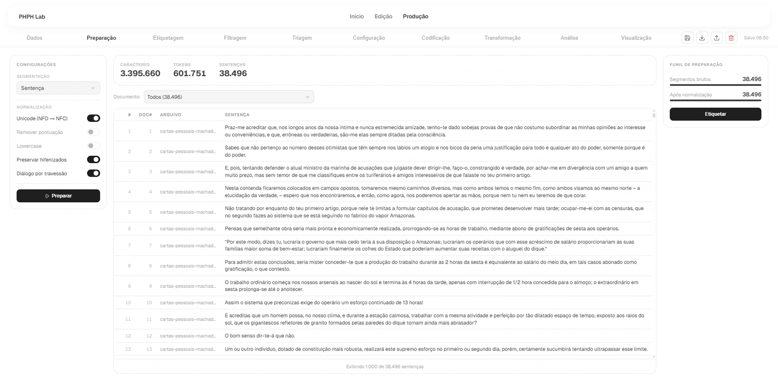 Aba Preparacao na página Produção do PHPB Lab